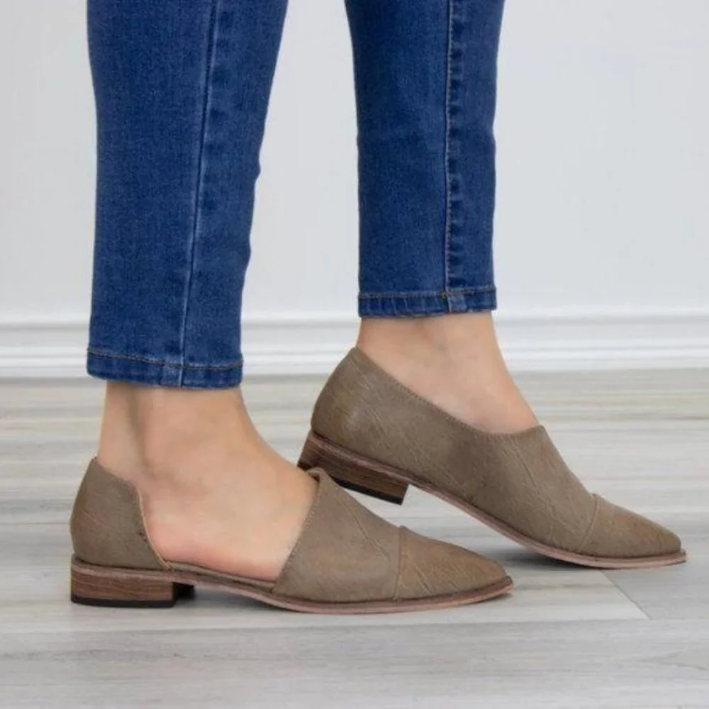 Tan Taupe Opened Side Pointy Slip On Flat Loafer - Picture 7 of 7